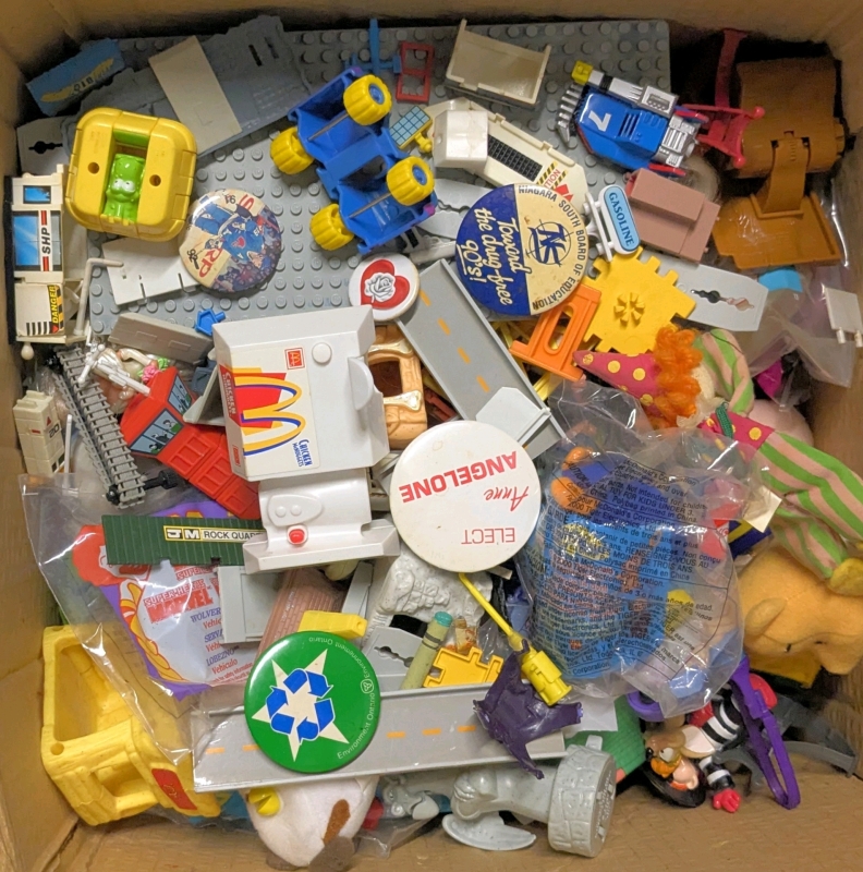Huge Mostly Vintage Kids Meal Toys + Buttons & Other Small Toys - Surprises Abound!