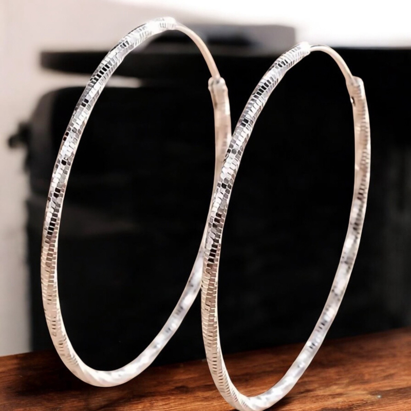 Sterling Silver 925 Stamped Hoop Earrings 2.2 Inches, Glittering Textured Design Elegant and Classic Light