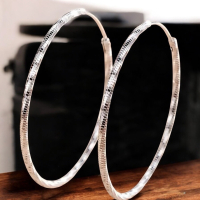 Sterling Silver 925 Stamped Hoop Earrings 2.2 Inches, Glittering Textured Design Elegant and Classic Light