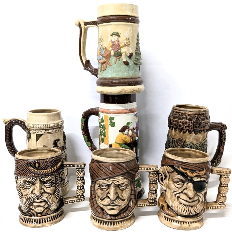 7 Vintage Signed Hand Decorated Bisque Ceramic Mugs & Tankard Vases Signed "From Mom" & "Doris Ratz" - 4.75" - 8.5" Tall