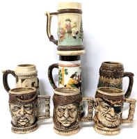 7 Vintage Signed Hand Decorated Bisque Ceramic Mugs & Tankard Vases Signed "From Mom" & "Doris Ratz" - 4.75" - 8.5" Tall