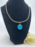 925 Sterling Silver Dichroic Blue Pendant on Wide Hammered Hard Wire Necklace Pendant 1.25 In with bale Chain Hook Over Clasp Approximately 16 Inch
