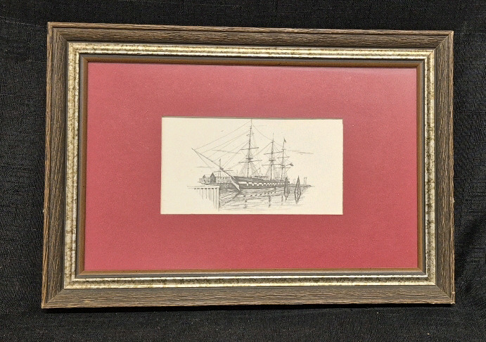 Vintage Framed Print "Old Ironsides" U.S.S. Constitution- Artist C. GOFF - 12 by 9"