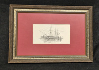 Vintage Framed Print "Old Ironsides" U.S.S. Constitution- Artist C. GOFF - 12 by 9"