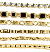6 Vintage to Modern Bracelets : Enamel, Rhinestones, Geometric, Chain - Between 7" - 8" Long With Box Magnetic & Lobster Clasps