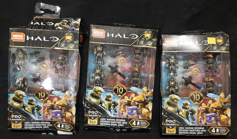 3 New in Box Mega Construx Halo UNSC Marine Defense Figure Sets | Figures Measure About 2" Tall, Packages are Damaged, Does Not Impact Figures Inside, Sold as is