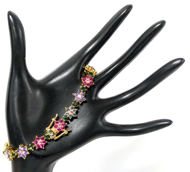 Fantastic Vintage Signed Joan Rivers Bright Multicoloured Flower Link Bracelet with Open Box Clasp - 7.5" Long