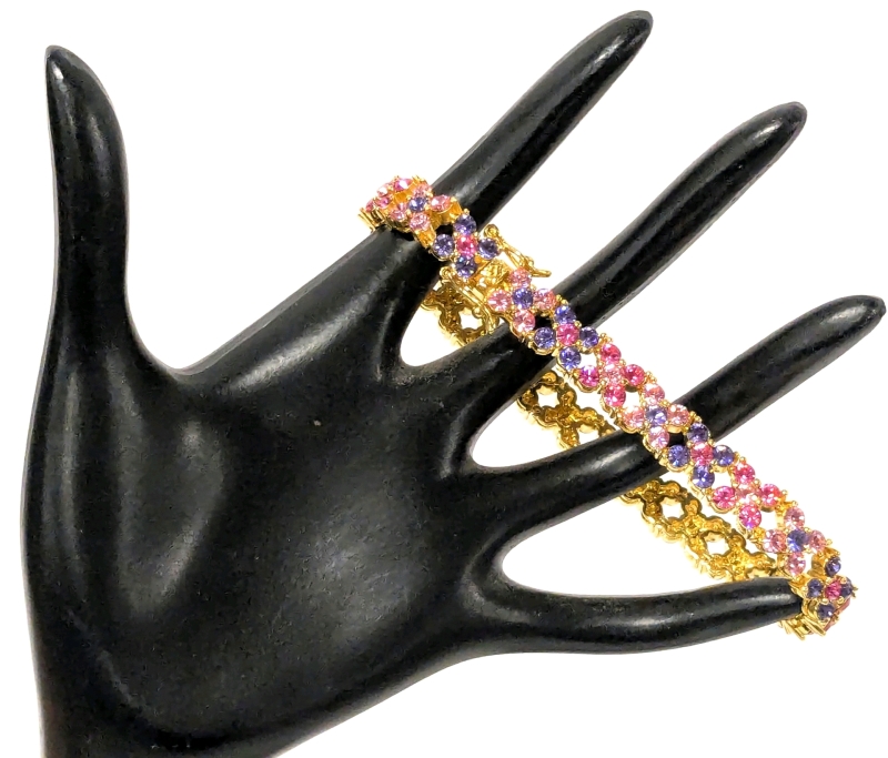 Vintage Signed Joan Rivers Pink and Lavender Blue Crystal Link Bracelet with Open Box Clasp - 8" Long