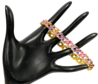 Vintage Signed Joan Rivers Pink and Lavender Blue Crystal Link Bracelet with Open Box Clasp - 8" Long