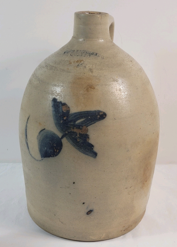 Antique JBE Lettellier 2 Gallon Cobalt Blue Salt Glazed Stoneware Crock Jug w/Handle . Measures 14 1/4" tall . Some chipping on design