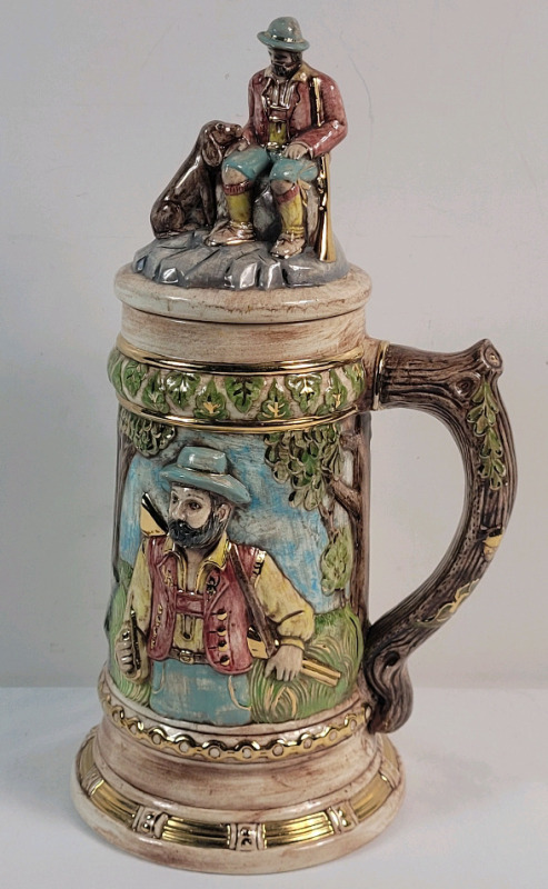Vintage 1970 Ceramic Pitcher. Hunter w/Dog Lid & 3D Hunter and Deer Base . Measures 13" Tall