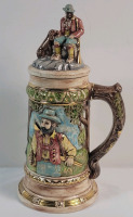 Vintage 1970 Ceramic Pitcher. Hunter w/Dog Lid & 3D Hunter and Deer Base . Measures 13" Tall