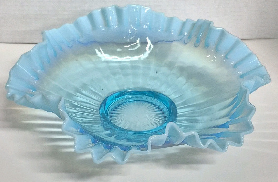 Beautiful Fenton Style Blue Glass Vintage Brides Bowl with Crimped Ruffle Edge - 11.5" Diameter