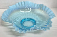 Beautiful Fenton Style Blue Glass Vintage Brides Bowl with Crimped Ruffle Edge - 11.5" Diameter