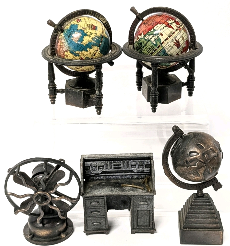 5 Vintage Miniature Metal Pencil Sharpeners: 3 Spinning Globes, Fan w Spinning Blades, Desk - Some Hong Kong - Up to 3" Tall