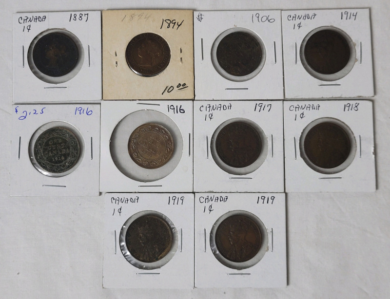 1887 - 1919 Canadian Large One Cent Pennies , 10 Coins . 1887 , 1894 , 1906 , 1914 , 1916 &times;2 , 1917 , 1918 & 1919 &times;2 .