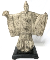 Vintage Unsigned Austin Productions Samurai Uesugi Super Heavy Plaster Figure on Atratched Wood Base - 17" Tall, No Chips or Cracks, Production Flaw (Popped Bubble) Underside Sleeve