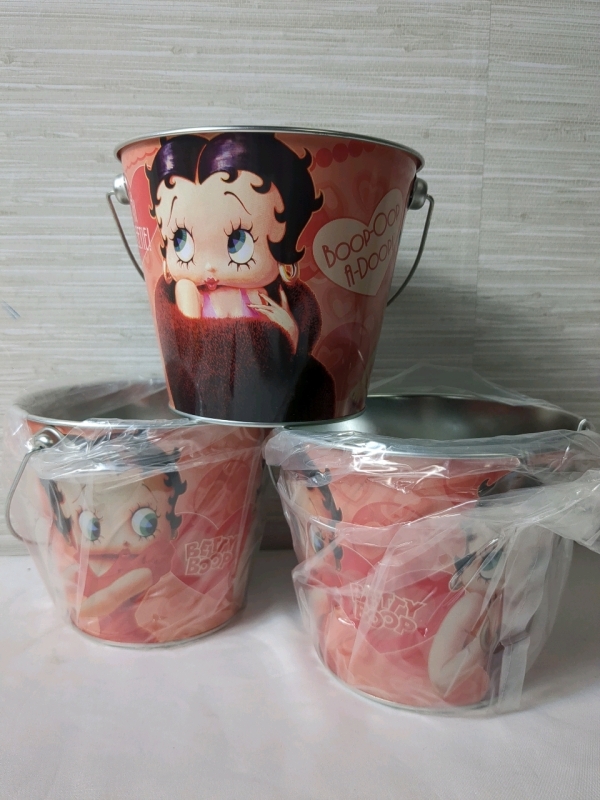 3 Metal Betty Boop Buckets Approx 5 inches tall, 6 inch diameter.