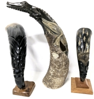 3 Vintage Buffalo Horn Carvings: 2 Human Faces & Alligator/Crocodile - Up to 12.5" Tall