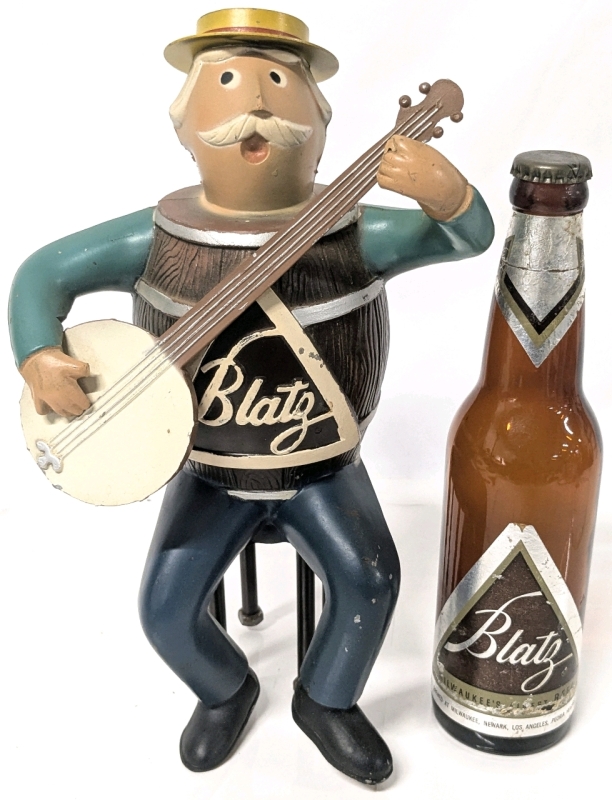 Vintage 1950s BLATZ Milwaukee Wisconsin Heavy Cast Metal Beer Keg Man Banjo Advertising Figure 11.75" Tall & Empty Bottle of Blatz With Cap On
