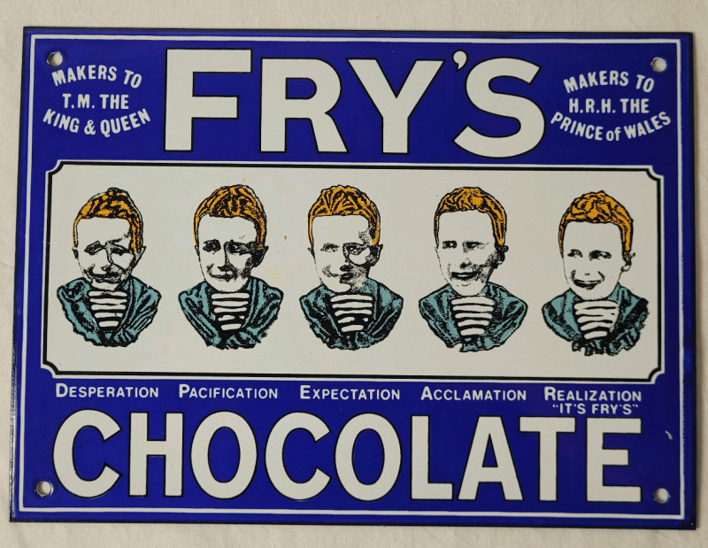 FRY'S Chocolate Enamel Sign . Measures 10"&times;7 1/4"