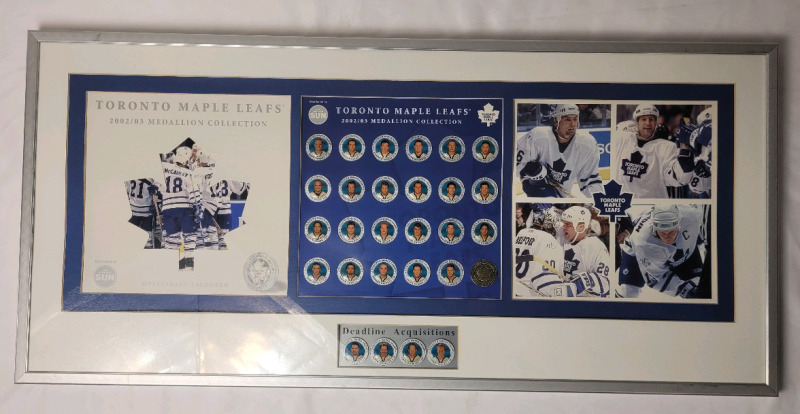 2002 - 03 Toronto Maple Leafs Toronto Sun Framed Medallion Collection . Measures 32.5"&times;15 1/4"