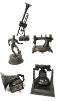 5 Vintage Miniature Metal Pencil Sharpeners: Trumpet on Band, Soccer Trophy, Sewing Machine, Gramophone, Liberty Bell - 1 Marked Spain, 2 Hong Kong - Up to 5" Tall
