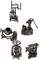 5 Vintage Miniature Metal Pencil Sharpeners: Cement Mixer, Spinning Wheel, Pump & Bucket, Fruit Press, Book Press - Most Made in Hong Kong - Up to 4" Tall
