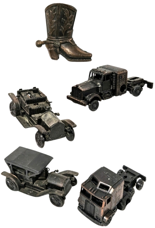 5 Vintage Miniature Metal Pencil Sharpeners: Cowboy Boot, 2&times; Simplex Old Fashioned Cars & More Modern Metal / Plastic Transport Trucks - All Hong Kong - Up to 2.5" Tall
