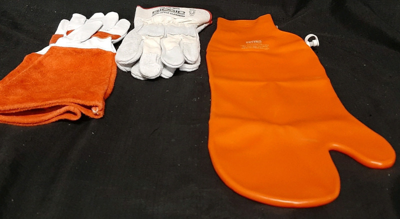 3 New Pairs of Different Work Gloves | Artting Safety Gloves (14" Long, 4" Wide), Ridgid Safety Gloves (10&frac12;" Long, 5" Wide) & DryPro Orange Waterproof Half Arm Inflatable Cast Cover (21" Long, 9" Wide)