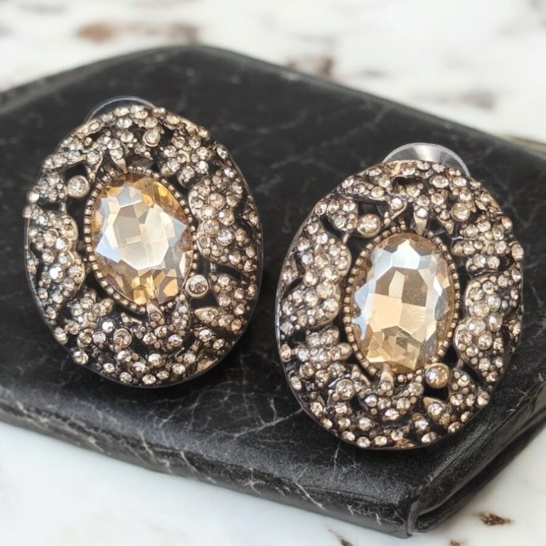 Heidi Daus Signed Crystal Oval Earrings for Pierced Ears Approximately 1.25 Inch
