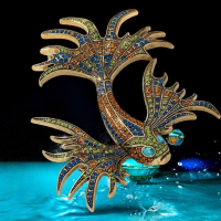 Vintage-Inspired Statement Handcrafted Brooch Fish Motif Heidi In The Swim with Glass Mosaic Signed at back Approximately 3.5 x 4.5 inch