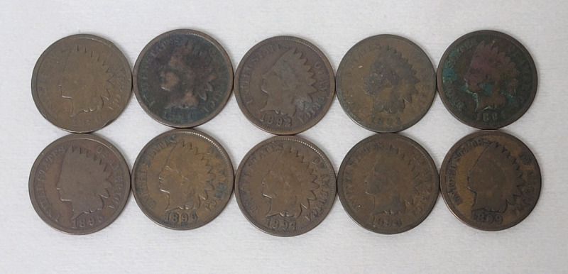 1890 - 1899 USA Indian Head One Cent Pennies - Consecutive Years , 10 Coins
