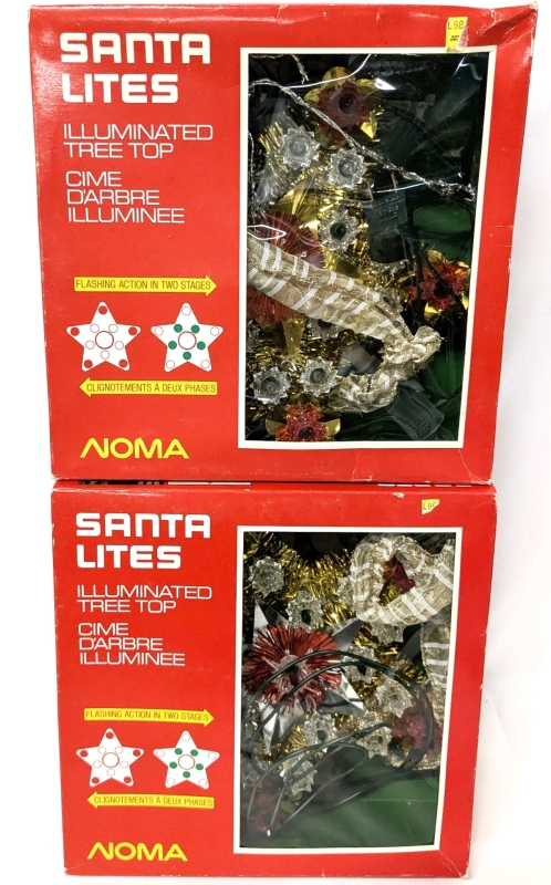 2 Vintage NOMA Santa Lites Illuminated Star Tree Toppers With 21 MiniLites / "2-Way" Blinking Sets Made in Taiwan - 9" Tall Each | Tested & Working