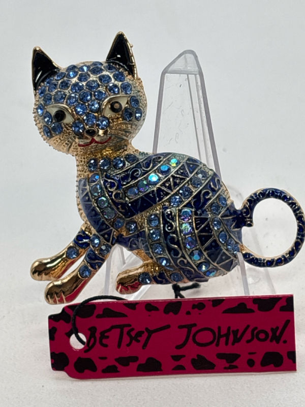 Playful Cat Blue Enamel Rhinestone Crystal Brooch Betsey Johnson Tag Approximately 2 x 2.25 Inch