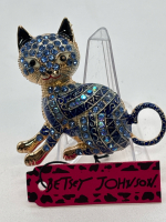 Playful Cat Blue Enamel Rhinestone Crystal Brooch Betsey Johnson Tag Approximately 2 x 2.25 Inch