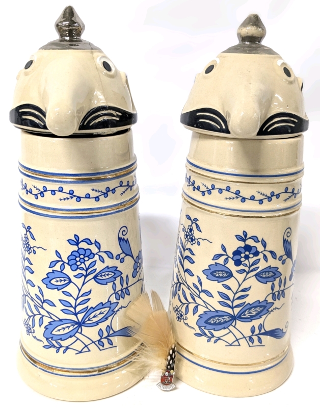 2 Vintage West Germany WEBCO CERAMARTE Utica Club Schultz & Dooley Blue Figural Lidded Beer Steins 12" Each & Feathered Oktoberfest Pin 3"