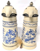 2 Vintage West Germany WEBCO CERAMARTE Utica Club Schultz & Dooley Blue Figural Lidded Beer Steins 12" Each & Feathered Oktoberfest Pin 3"