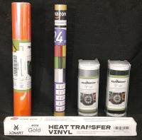 Lot of Vinyl Wrap Products | Includes Xenart Gold 12"&times;8ft Heat Transfer Vinyl Wrap, TeckWrap Coral Orange 1ft&times;5ft Holographic Chrome Vinyl Wrap, 2 Teckwrap Matte Black 5"&times;10ft Adhesive Decal Rolls & Generic Gold Heat Transfer Vinyl Wrap (At Least 1ft, Un