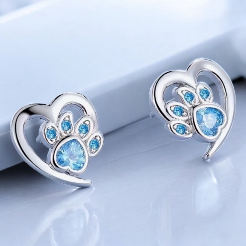 Three Prong Claw Sparkling CZ Pierced Studs and Shiny Blue Zirconia Paw Print Stud Earrings sizing in description