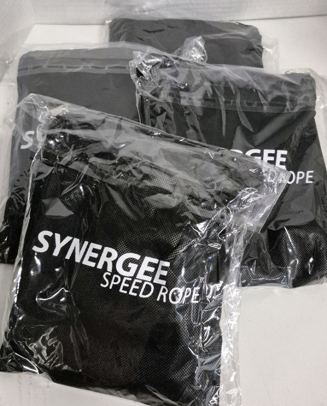 4 New Synergee Speed Jump Ropes - Anti-Slip Handles with Steel Ball Bearings, 2 Adjustable 10 Ft Cables and Carrying Bag.