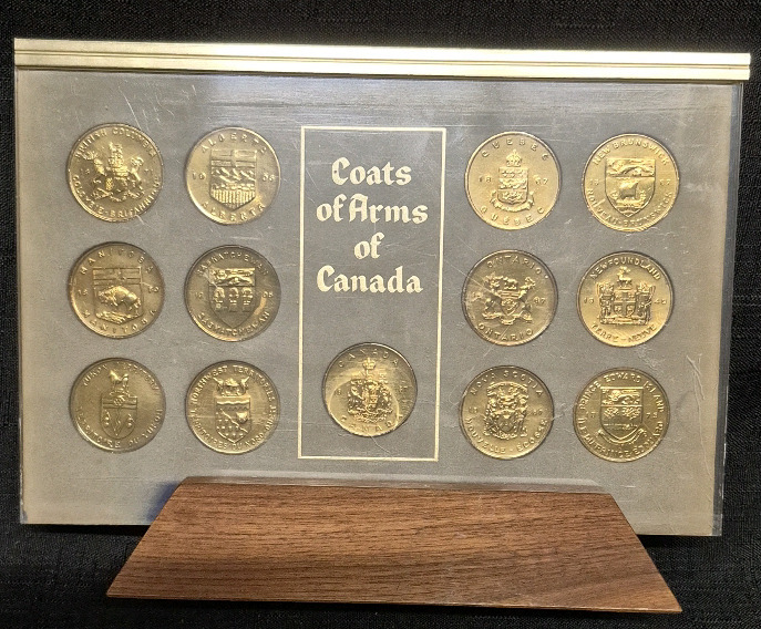 Vintage COAT OF ARMS FLORAL EMBLEMS OF CANADA & COATs OF ARMS OF CANADA FULL COIN SET 13 in set WITH Wood HOLDER - Double Sided 9 by 7"