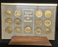 Vintage COAT OF ARMS FLORAL EMBLEMS OF CANADA & COATs OF ARMS OF CANADA FULL COIN SET 13 in set WITH Wood HOLDER - Double Sided 9 by 7"