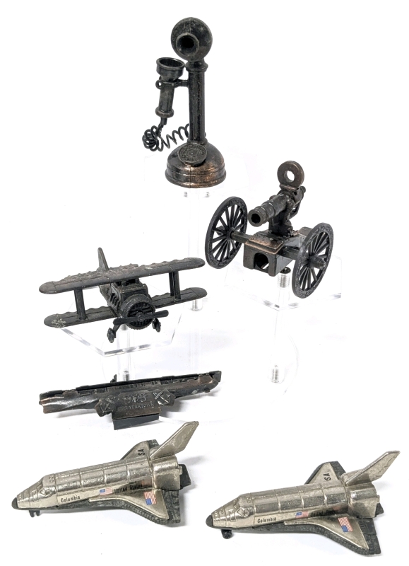 6 Vintage Metal Pencil Sharpener Miniatures: 2&times; Space Shuttle Columbias, USS Yorktown, Biplane, Cannon & Telephone - All Hong Kong - Up to 4" Tall