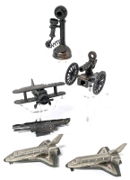 6 Vintage Metal Pencil Sharpener Miniatures: 2&times; Space Shuttle Columbias, USS Yorktown, Biplane, Cannon & Telephone - All Hong Kong - Up to 4" Tall