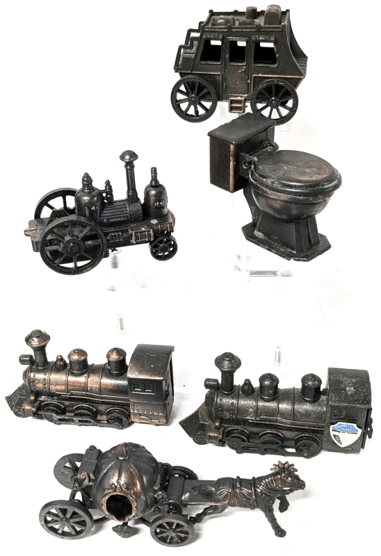 6 Vintage Metal Pencil Sharpener Miniatures: Cinderella's Carriage, 2 Trains, Stage Coach, Toilet & The Hodge Steamer New York USA 1840-1 - Most Made Hong Kong - Up to 2" Tall