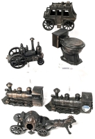 6 Vintage Metal Pencil Sharpener Miniatures: Cinderella's Carriage, 2 Trains, Stage Coach, Toilet & The Hodge Steamer New York USA 1840-1 - Most Made Hong Kong - Up to 2" Tall