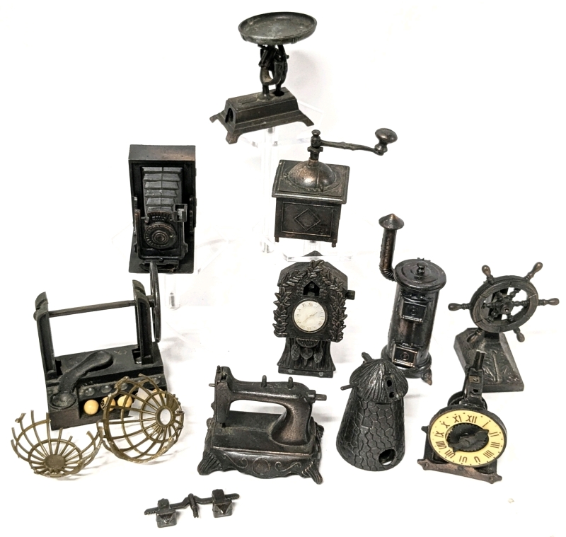 [As-Is] 10 Vintage Metal Pencil Sharpener Miniatures - All But 2 (Ship's Wheel & Stove) Have Broken/Missing Pieces - Many Hong Kong - Up to 3.5" Tall