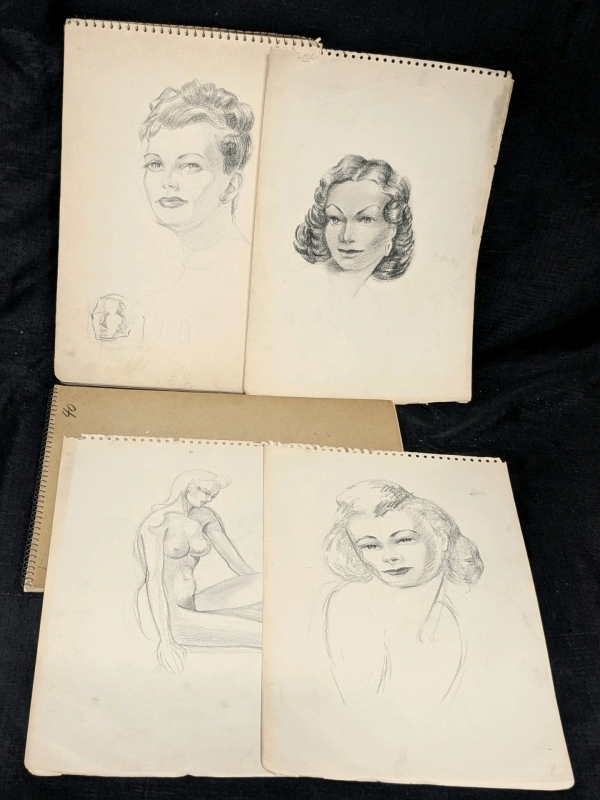 1940 & 1960 Sketchbooks with Portraits & Still Life Studies, Nudes + Landscape! 17 Pages with Drawings Total + Additional Blank Pages - 10" &times; 14"