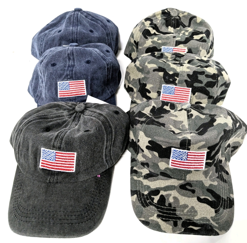 6 New Adjustable Adult Baseball Caps With Embroidered American Flags : 3&times; Camo, 2&times; Blue, 1&times; Grey